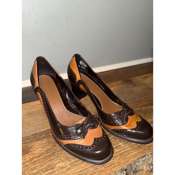 Nine West Two Step Oxford Heels Wingtip Pumps Brown Black Y2K Size 6.5 - Picture 1 of 11